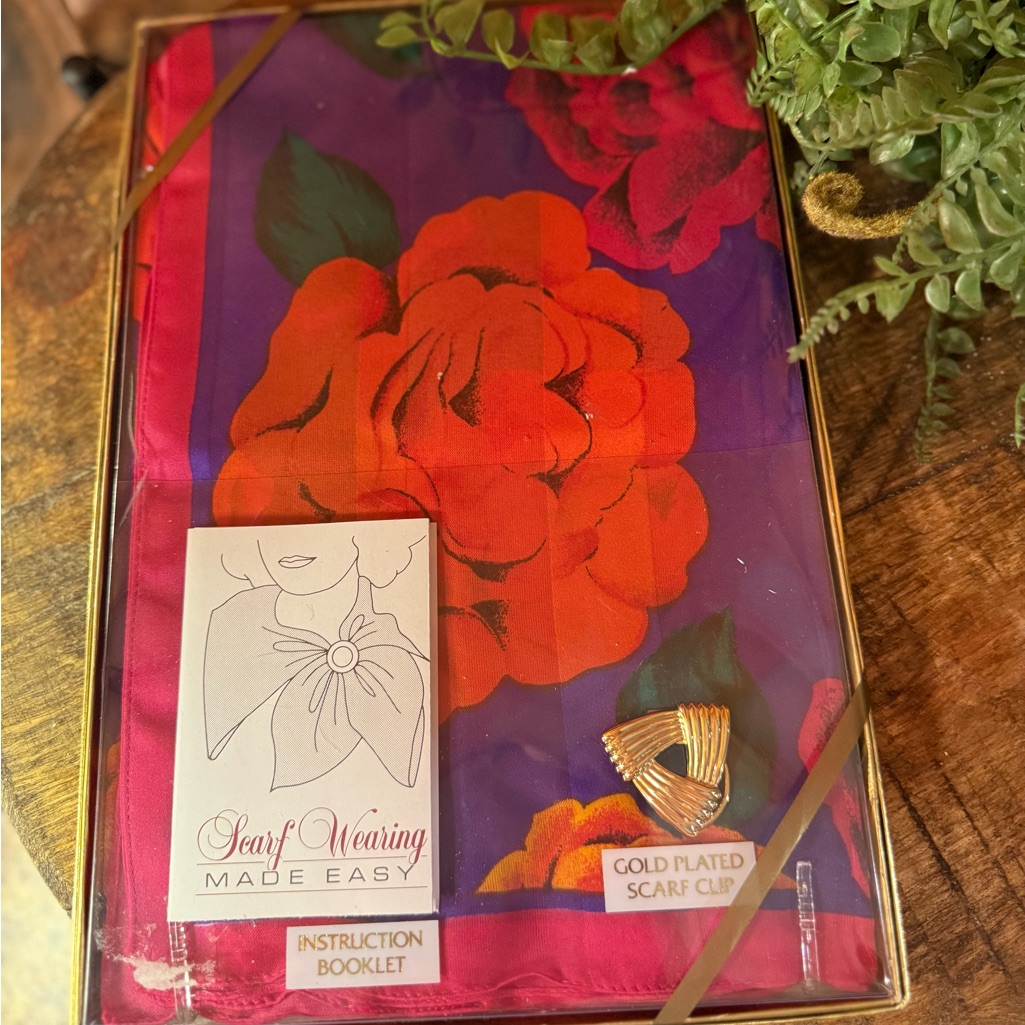 Vintage Floral Scarf With Gold Plated Clip  Instruction Booklet